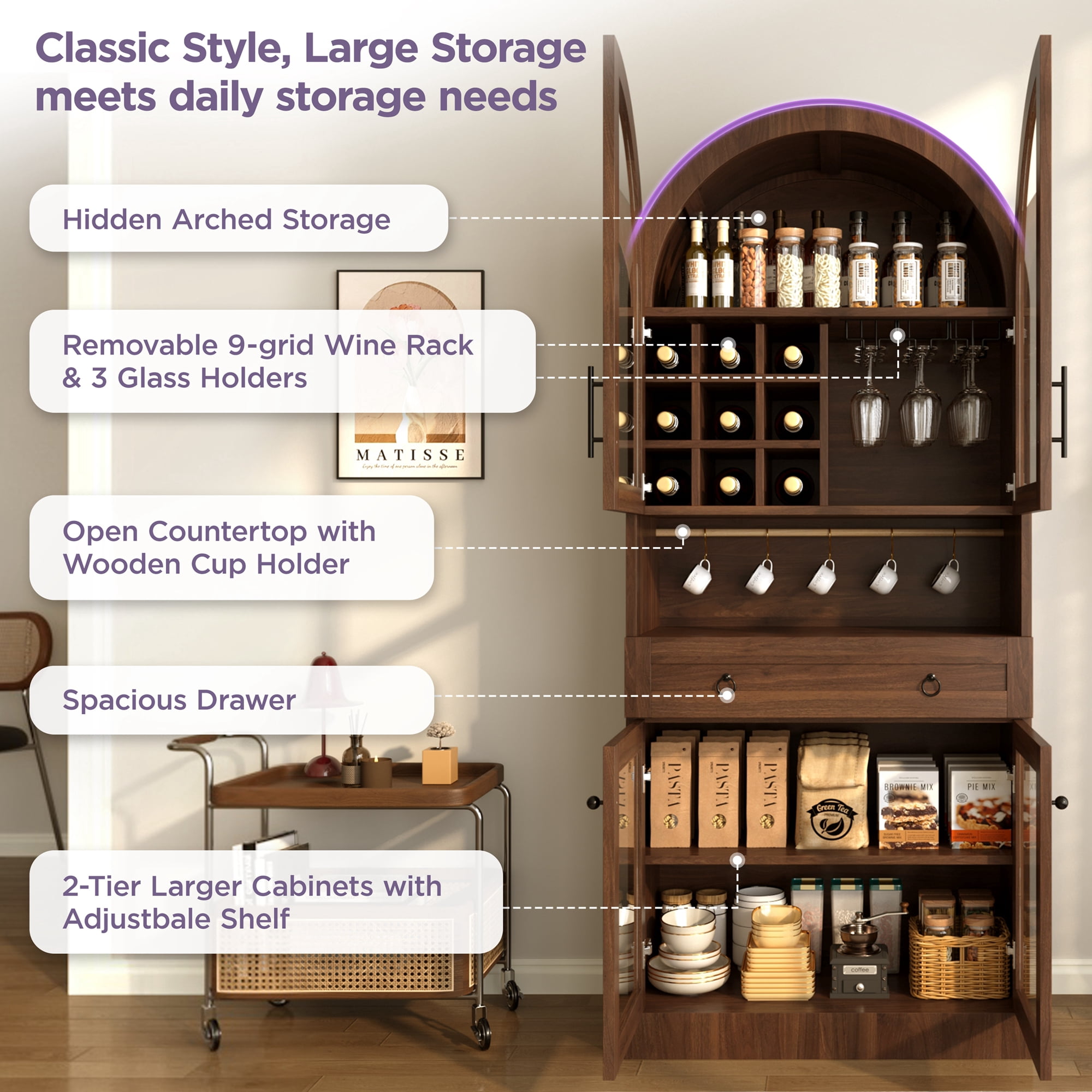 Mintazer 70" Tall Arched Bar Cabinet with Tempered Glass Doors, Freestanding Storage Buffet Sideboard with Removable Wine Rack & Cup Hooks for Dining Room Kitchen Living Room, Walnut