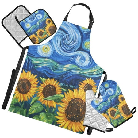 Ryvnso Sunflowers Oil Paint Kitchen Apron Oven Mitts Set Pot Holders