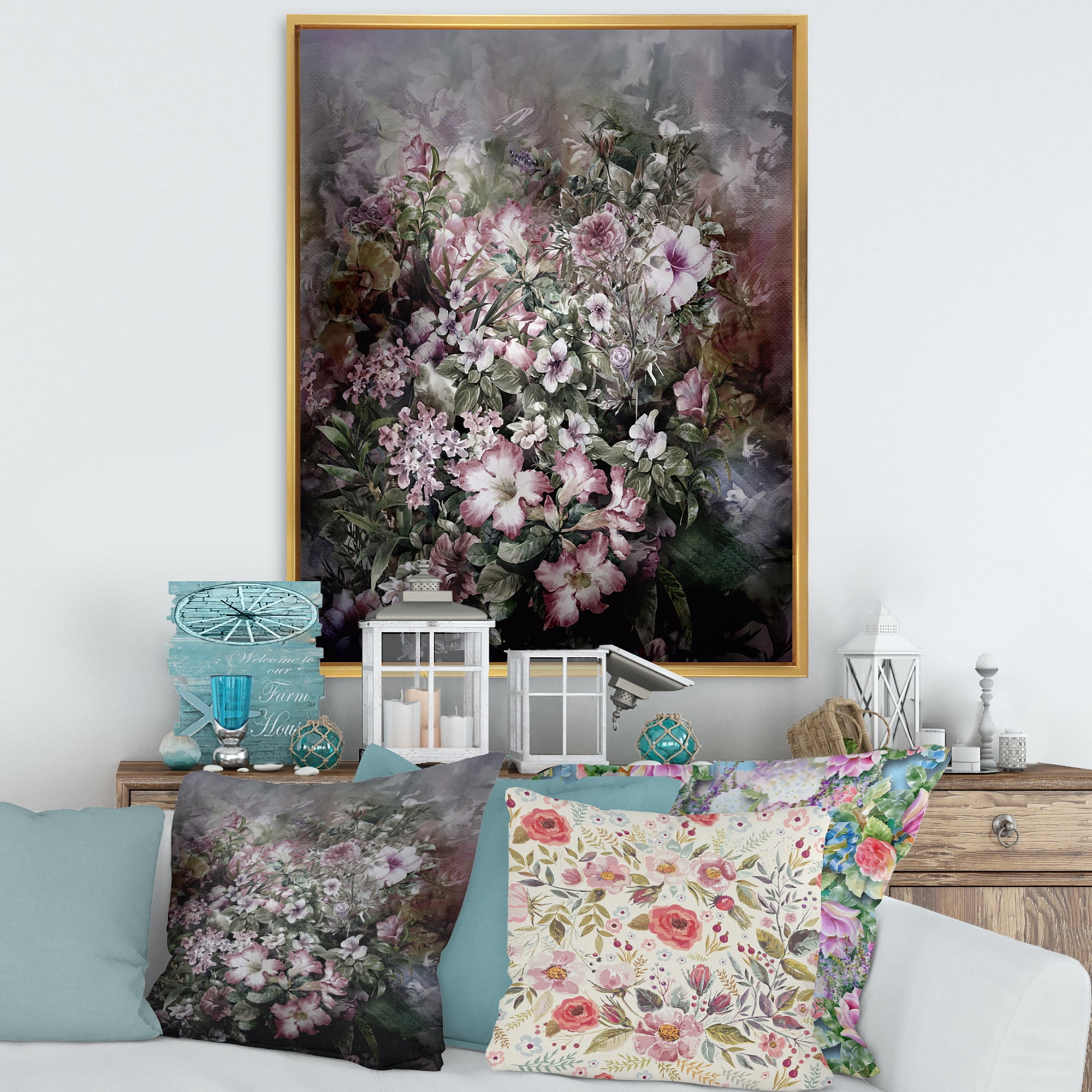 Designart 'Drawing of Flowers Retro IV' Vintage Framed Canvas Wall Art Print