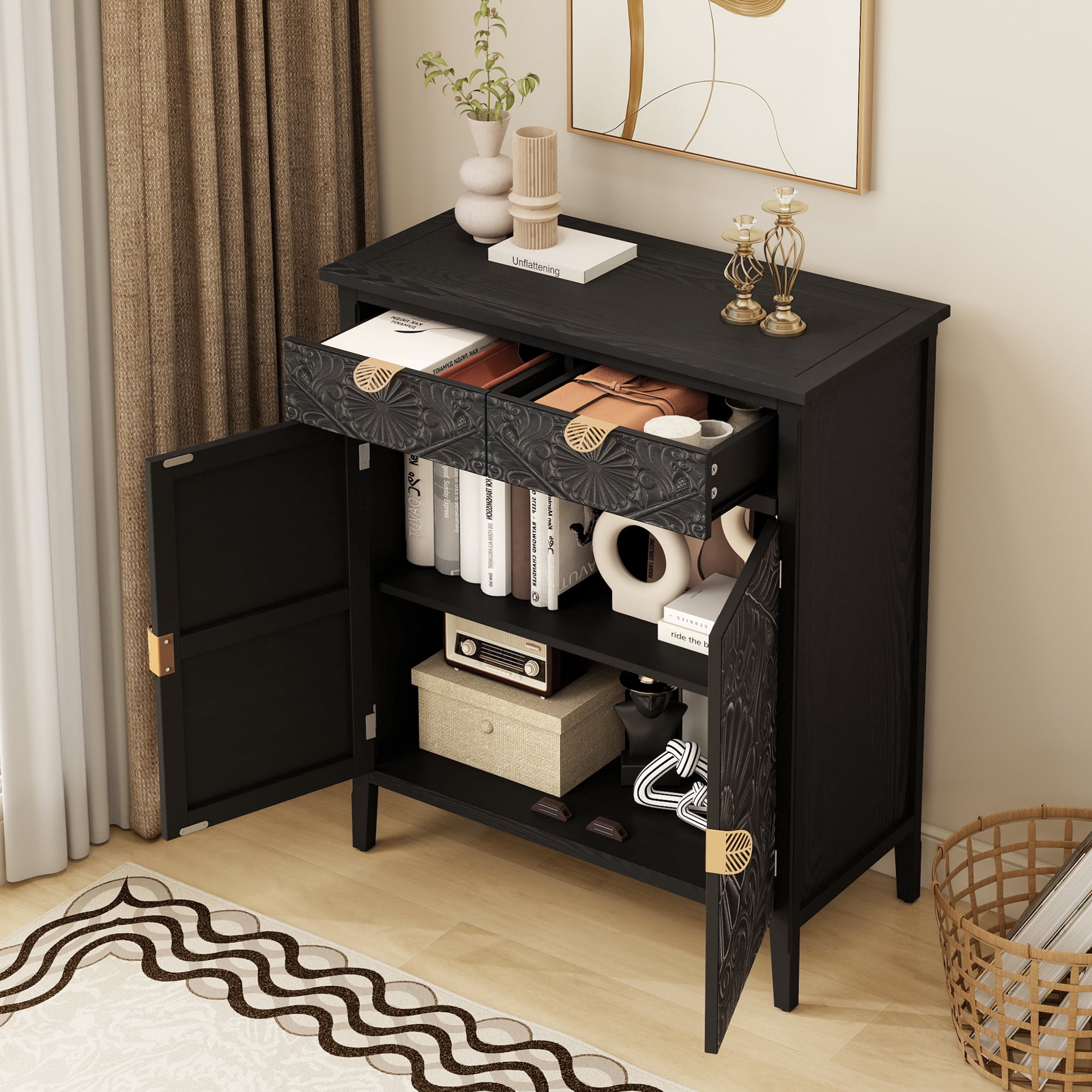 Hand-Carved Floral Embossed Black Wooden Accent Storage Cabinet with Drawer & Cabinet Doors, Gold Handles, Adjustable Shelf Anti-Tip Design, Sideboard for Entryway Living Room