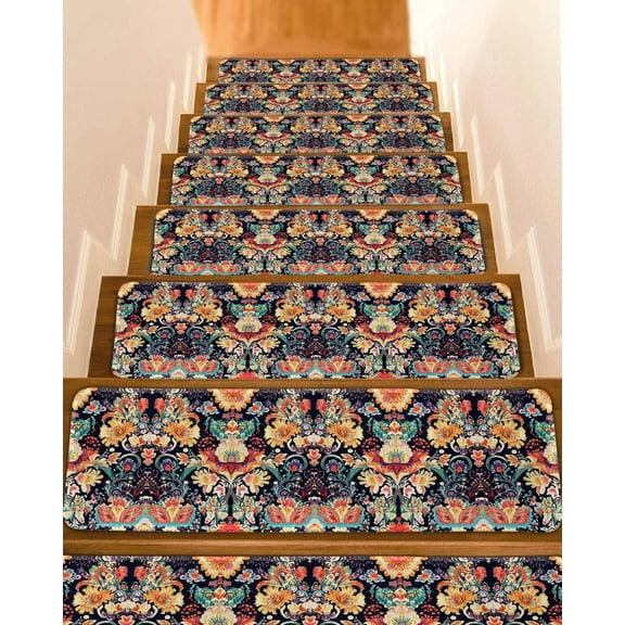 Boho Flowers Stair Treads for Wooden Steps Indoor Runner Rug Carpet, Tribal Bohemian Colorful Traditional Floral 10 Pieces Peel and Stick Staircase Step Treads Covers Washable Throw Door Mats, 30"x8"