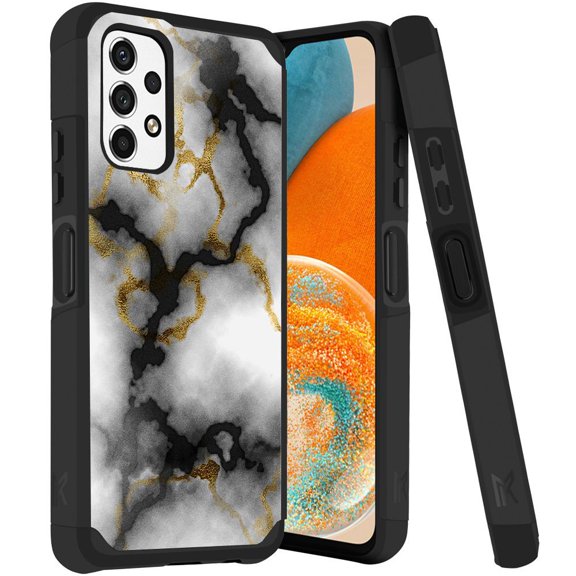 ANJ  Rugged Dual Layered Shockproof Slim Hybrid Case   Tempered Glass Cover Compatible with Samsung Galaxy A23 5G - Black/White Marbling