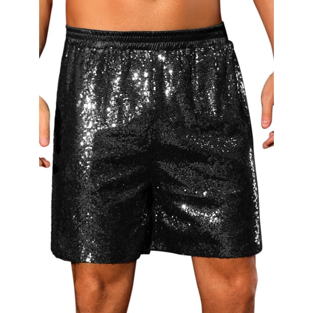 Pantalones cortos de lentejuelas para hombres, con cintura elástica, brillantes, para fiestas, pantalones cortos de brillo 36 negro
