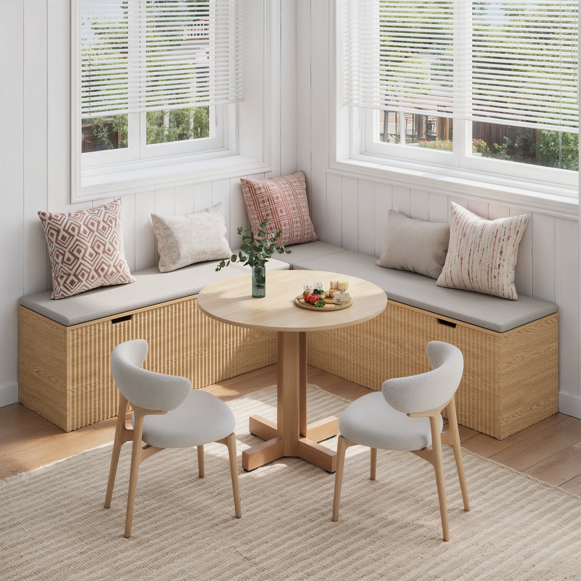 L-Shaped Storage Bench with Cushion- Modern Corner Breakfast Nook Bench for Kitchen, Entryway- Natural Wood