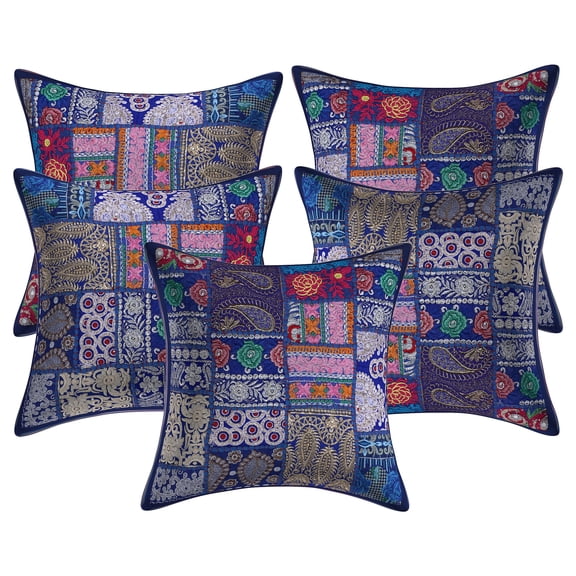 Stylo Culture Ethnic Cotton Decorative Throw Pillow Covers Dark Blue 18 x 18 Bohemian Vintage Patchwork Ethnic Sofa Cushion Covers 45x45 cm Home Decor Abstract Square Pillow Cases | Set Of 5