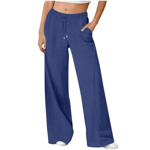 ClodeEU Women's Wide Leg Sweatpants， Drawstring Pocket Sweatpants Long Pants,Solid Color Casual Straight Pant Navy,Womens Plus XL