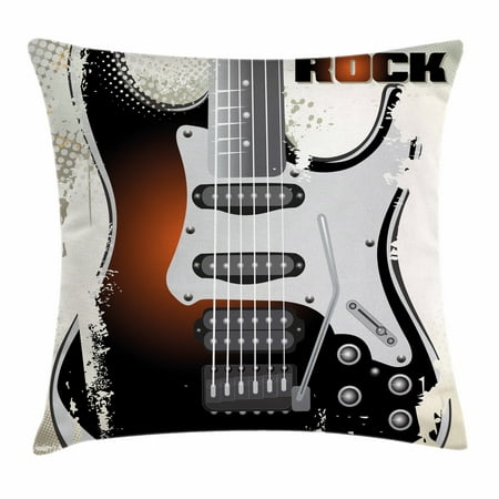 Dynarette Guitar Cushion - Rock Music Throw Pillow Cushion Cover, Detailed Guitar Pattern with Strings Retro Halftone Background Abstract Grunge, Decorative Square Accent Pillow Case, 18 X 18 Inches, Multicolor, by Ambesonne