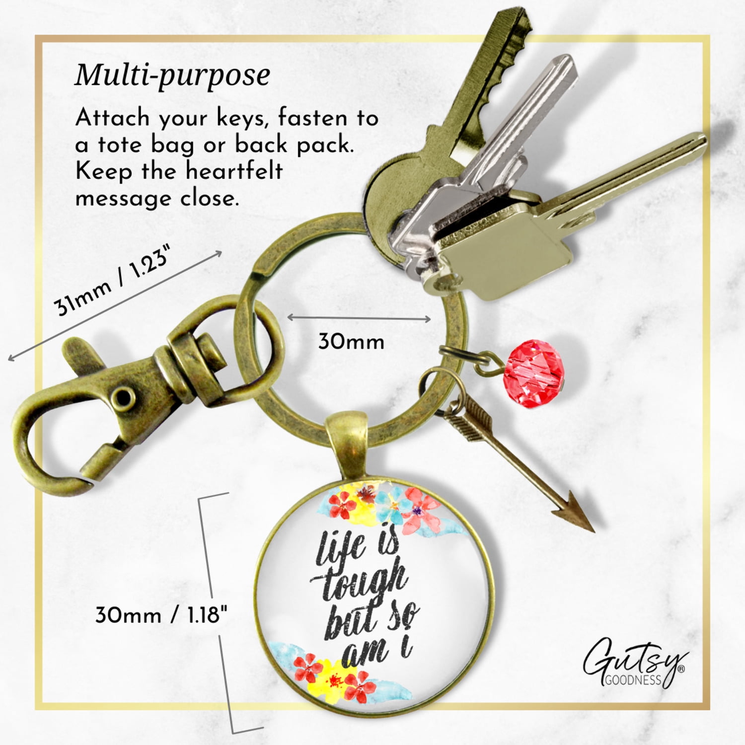 Survivor Gutsy Goodness Bronze Keychain Life Tough But So Am I Rustic Strength Jewelry Flower Arrow Charm