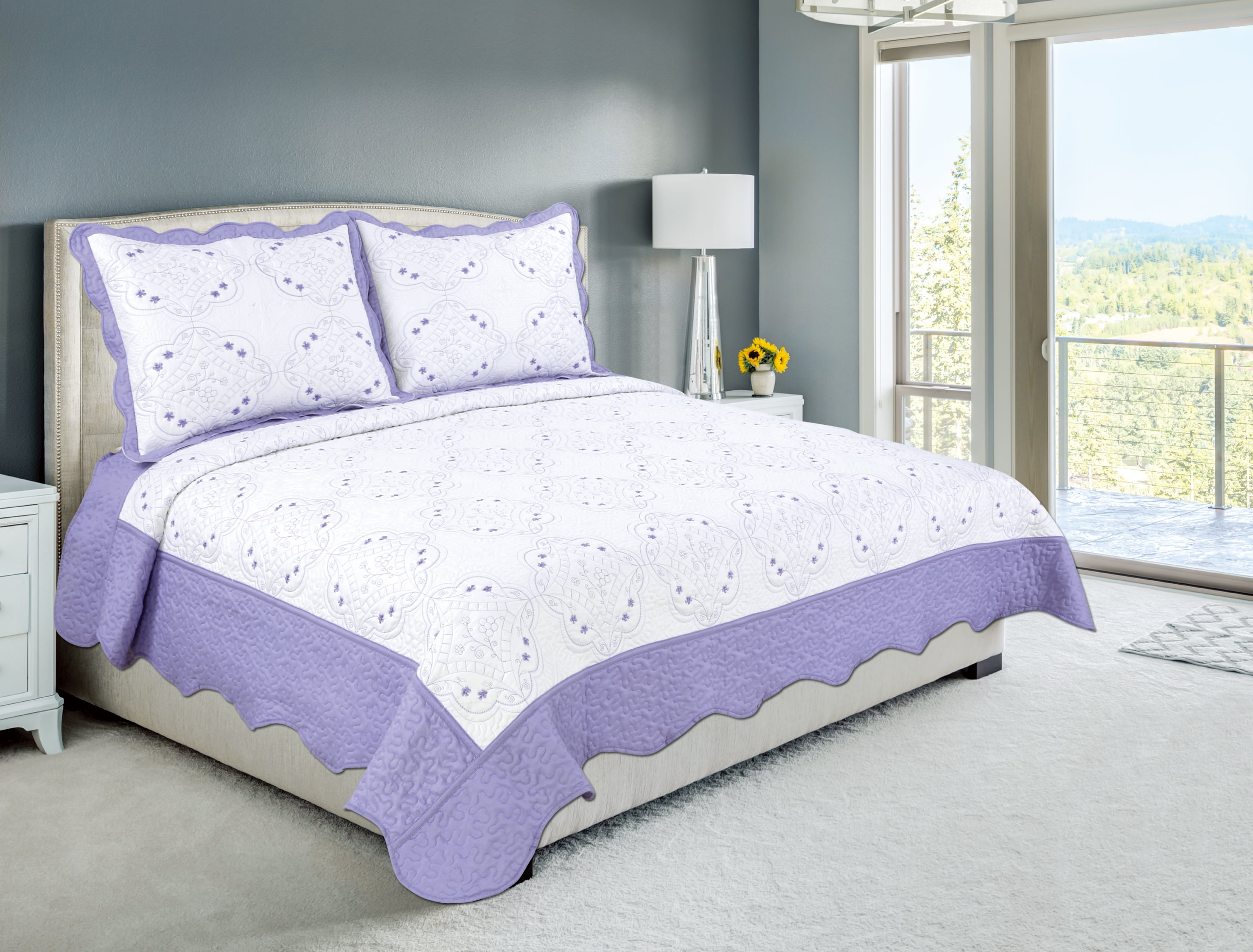 Marina Decoration Embroidered Stitching Coverlet Bedspread Ultra Soft Solid Bedding Summer Quilt Set with Quilted Sham, Purple Floral Pattern