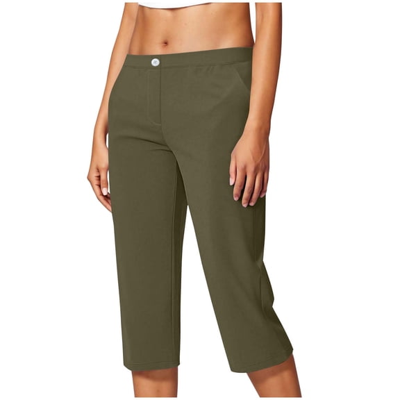 Inleife Womens Casual Stretch Workwear Cropped Pants Lightweight Yoga With Pocket Button Solid Pants