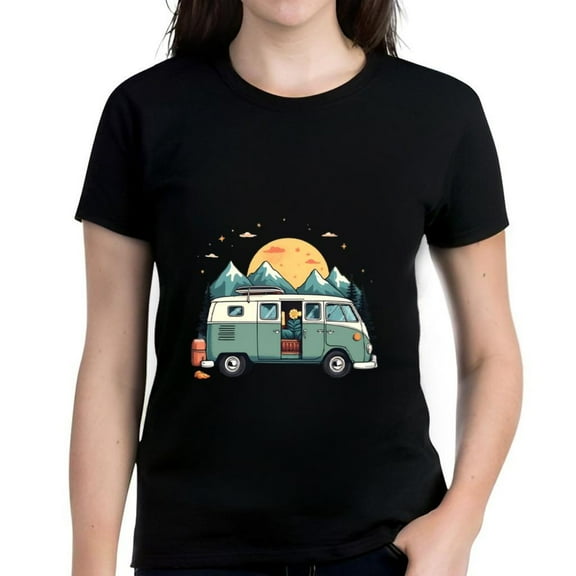 Vintage Green Van Graphic Cotton Short Sleeve T-Shirt - Travel Design with Mountain and Sun