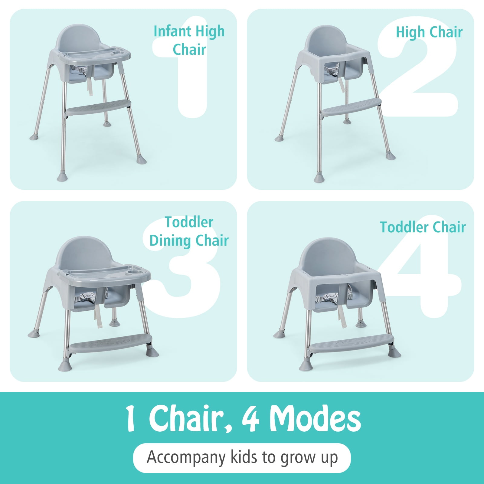 Infans 4-in-1 Convertible Baby High Chair Feeding w/ Removable Double Tray& Footrest