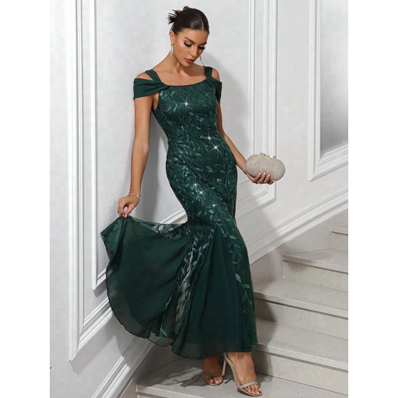 Dark Green Sequin Embellished Off-Shoulder Mermaid Evening Gown For Wedding Guest Prom Graduation