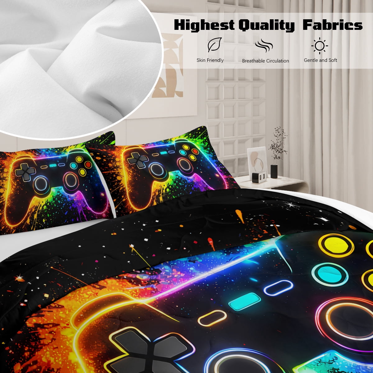 BlessLiving 3Pcs Game Controller Comforter Set Queen Size Gaming Bedding Set for Kids Boys Gamer, Black