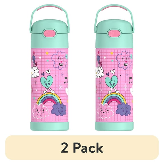 (2 pack) Thermos Kids Stainless Steel Funtainer Bottle with Straw, Dishwasher Safe, Leak Proof, Sketchbook, 14 oz