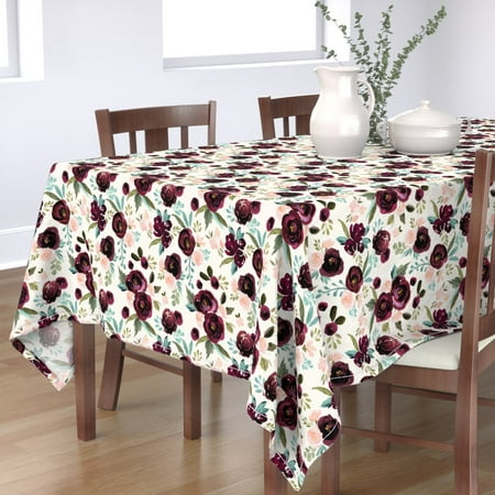 

Cotton Sateen Tablecloth 70 x 108 - Rose Floral Plum Maroon Deep Red Olive Boho Peach Vintage Watercolor Print Custom Table Linens by Spoonflower