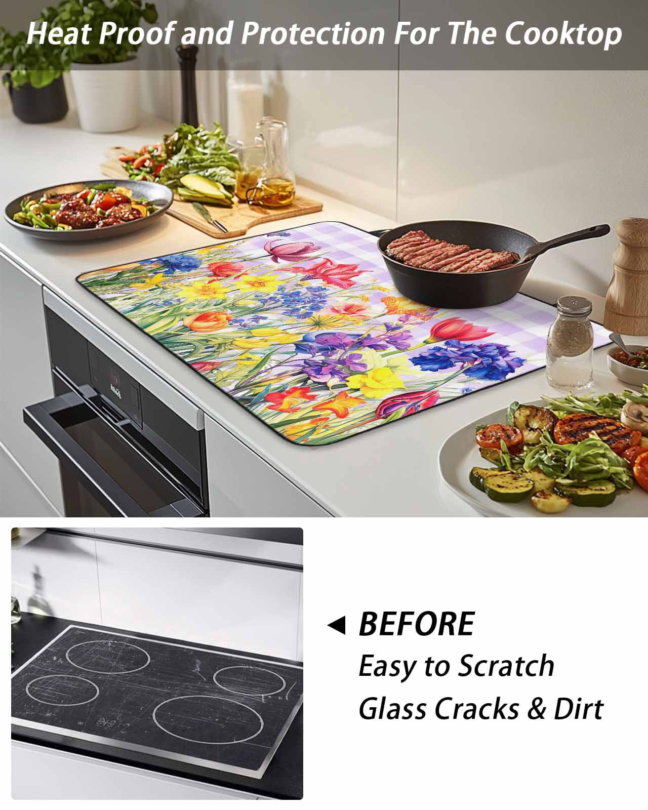 Stove Top Covers for Electric Stove, Purple Plaid Tulip Glass Stovetop Cover Protector, Spring Floral Watercolor Botanical Induction Cooktop Protector Oven Mat for Kitchen Countertop 24"x21"