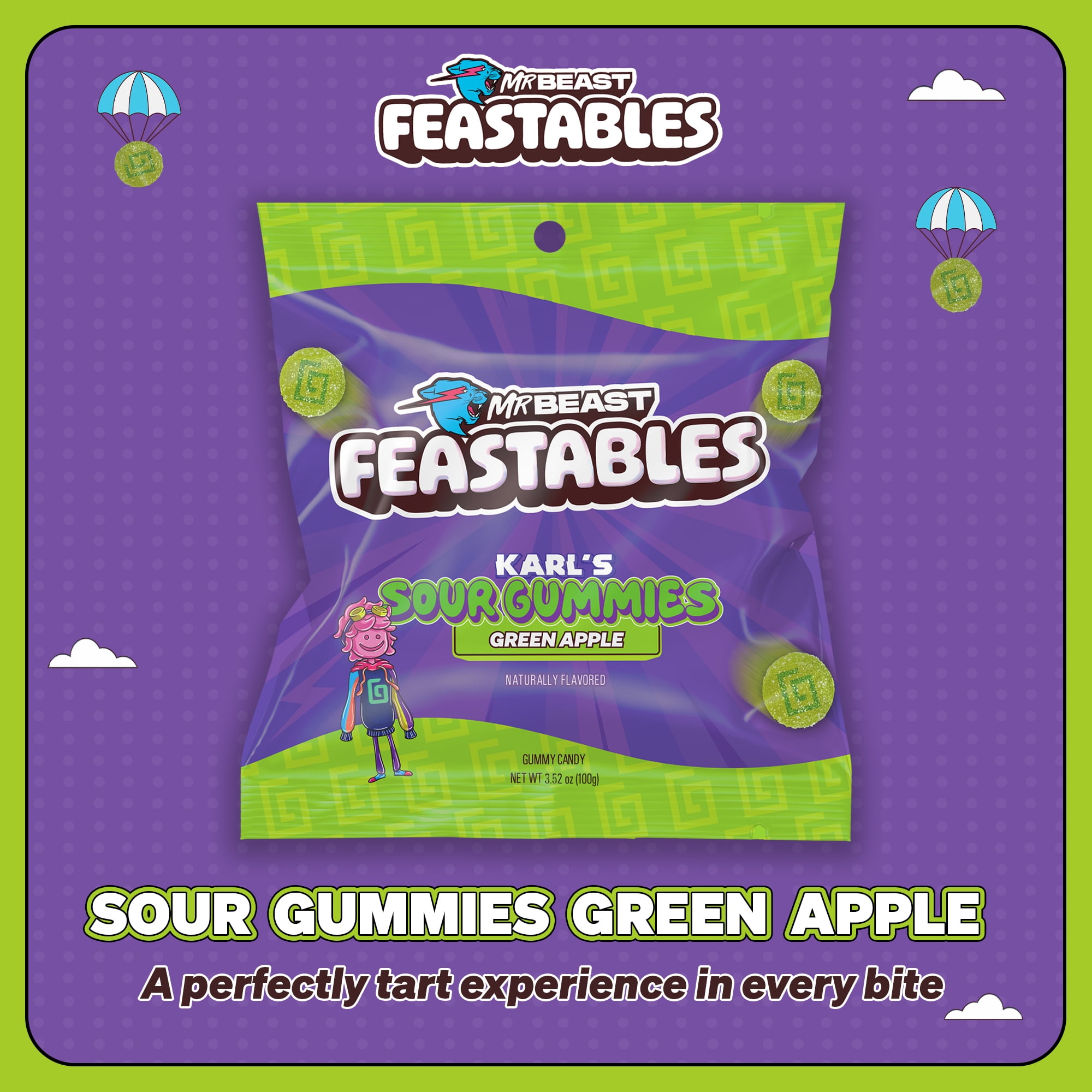 (2 pack) Feastables Karl Sour Green Apple Gummy Candy, Gluten Free, 3.52 oz (100 g)