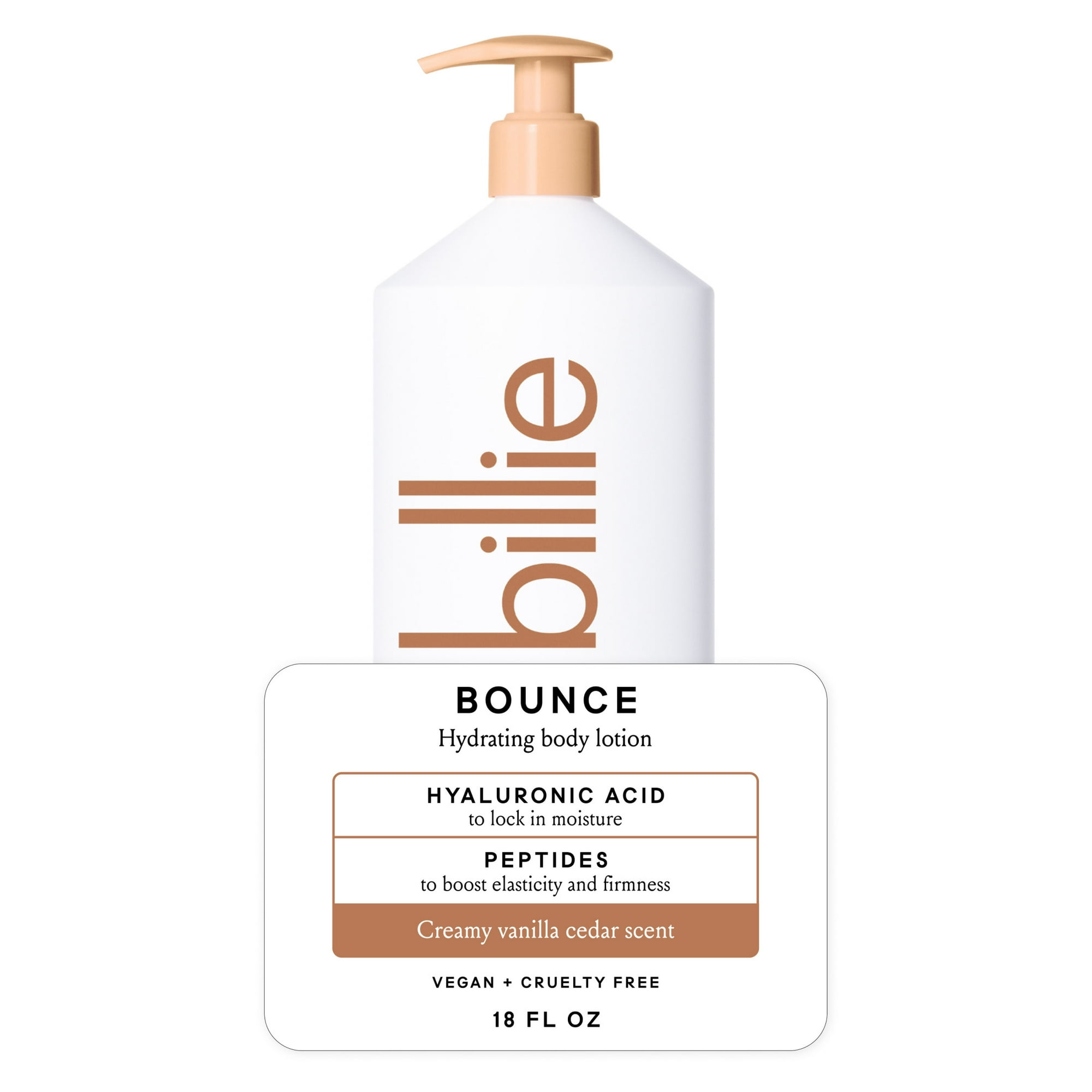 Billie Bounce Hydrating Women's Body Lotion, Vanilla Cedar Scent, with Hyaluronic Acid, 18 fl oz
