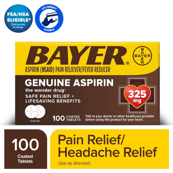Bayer Genuine Aspirin 325 mg Coated Tablets for Multi-symptom Pain Relief and Headache Relief, 100 Count