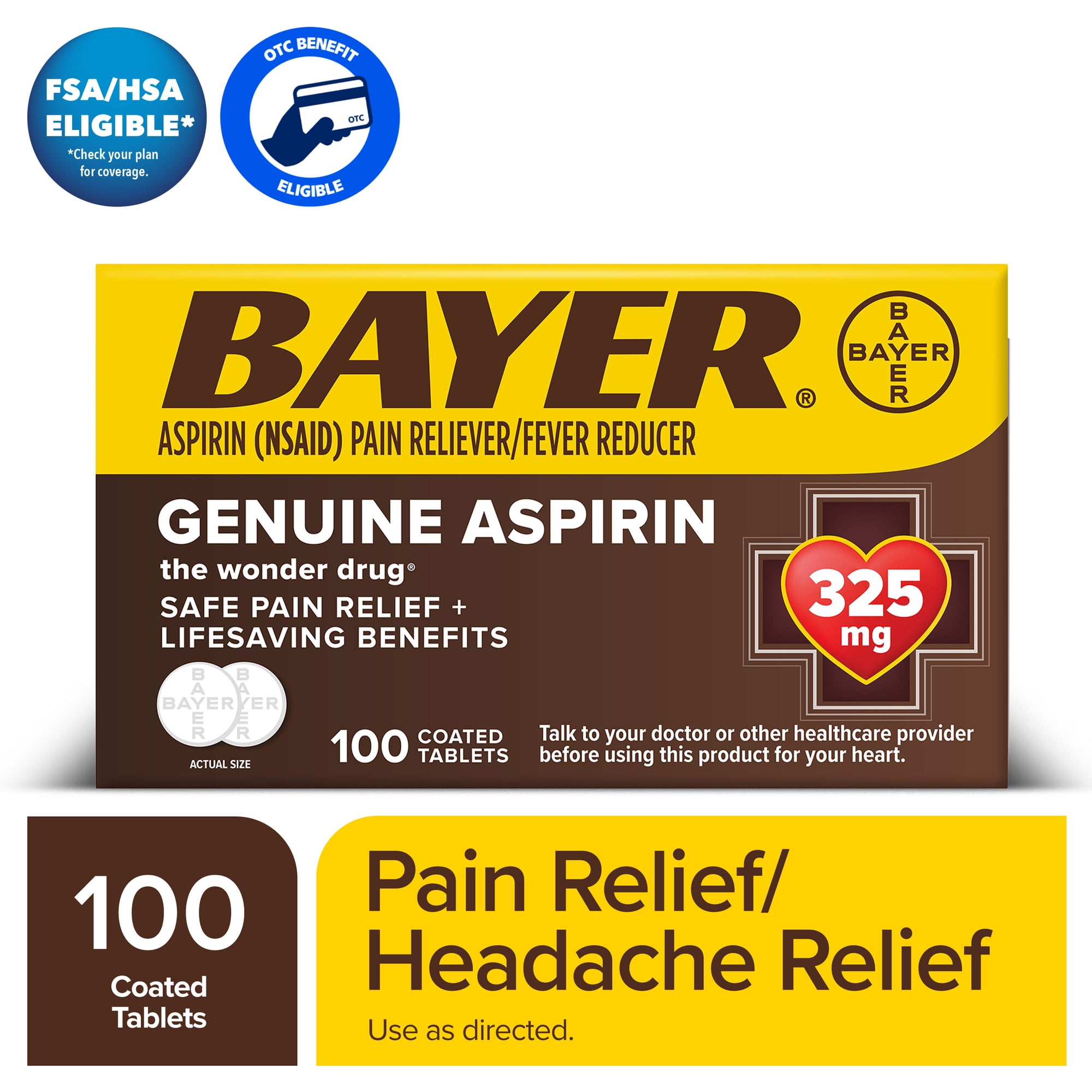 Bayer Genuine Aspirin 325 mg Coated Tablets for Multi-symptom Pain Relief and Headache Relief, 100 Count
