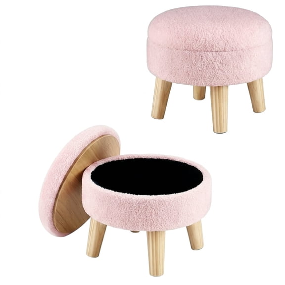 Casabay Pink Round Storage Ottoman with Wood Legs, Multipurpose Hidden Storage Footrest for Bedroom, Living Room & Entryway