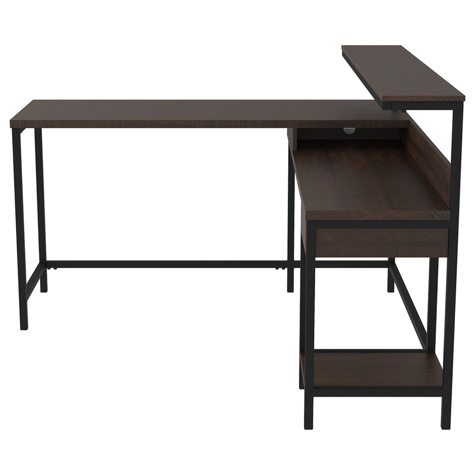 L Shaped Writing Desk with Bottom shelf and 1 Drawer, Dark Brown and