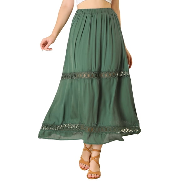 Allegra K Women's Long Skirts Elastic Waist Lace Insert A-Line Maxi Skirt