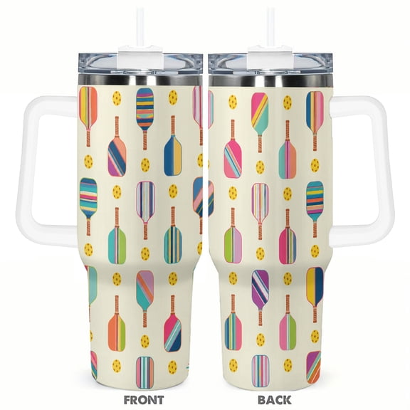40oz Pickleball Tumbler with Handle and Straw Colorful Paddle and Ball Sports Theme Stainless Steel Insulated Travel Coffee Cup Gift