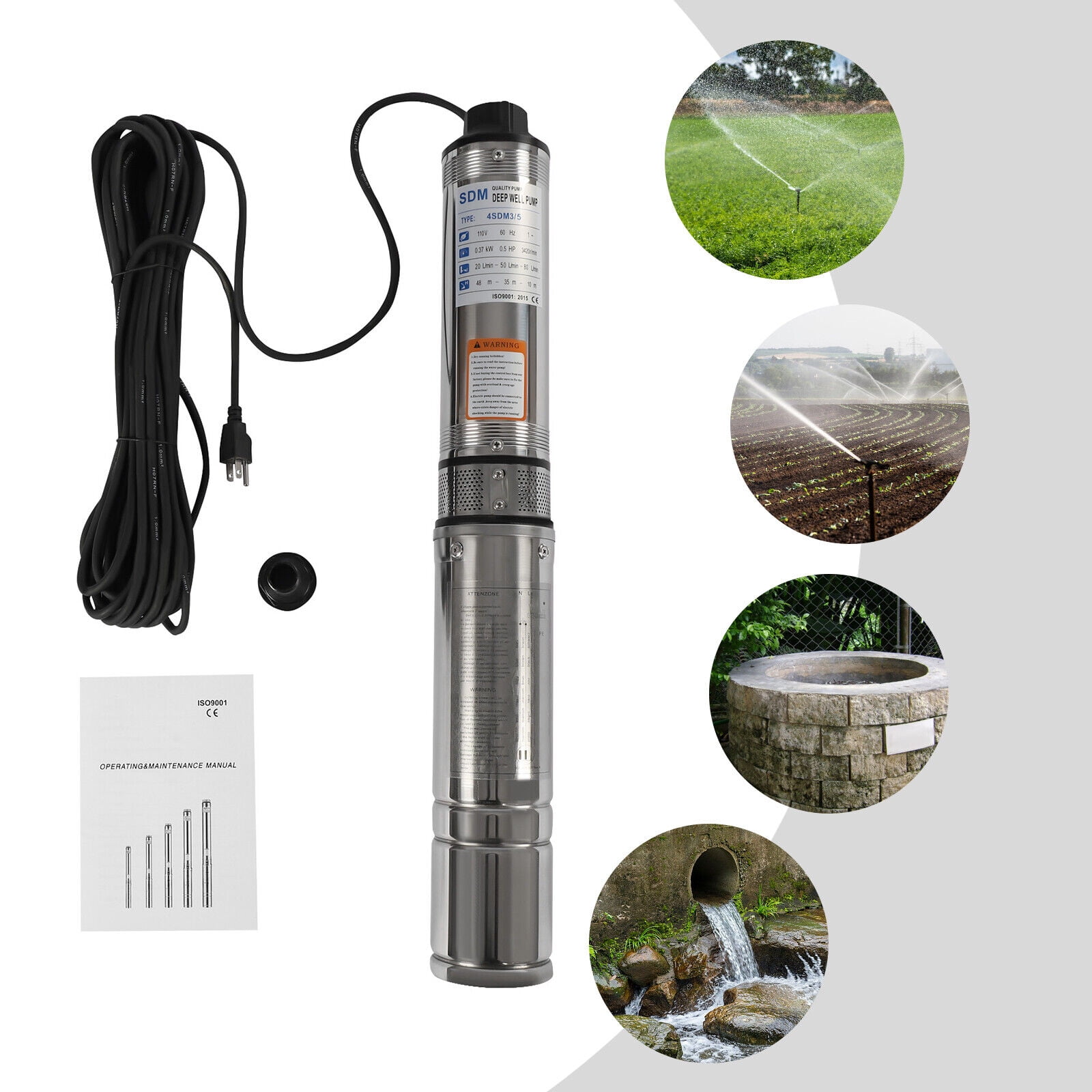 Deep Well Submersible Pump, 0.5HP 110V/60Hz, 16GPM 157 ft Head, with 49ft Cable, 3.85 in Stainless Steel Water Pumps for Industrial, Irrigation