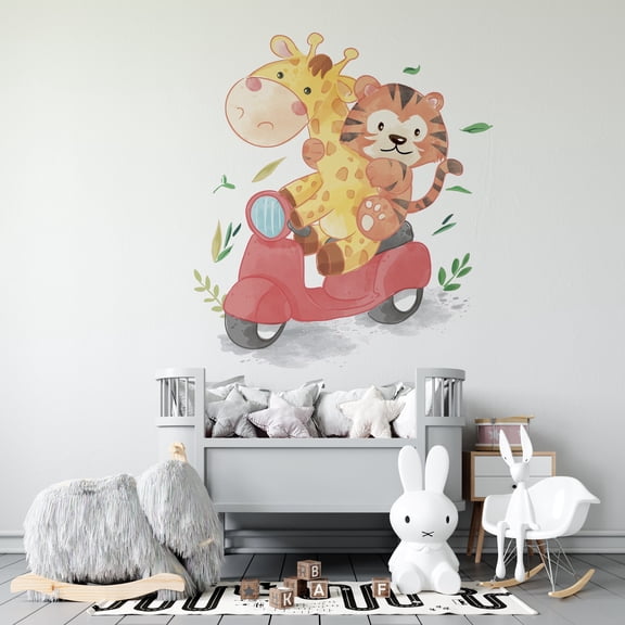 Vinyl Home Art Baby Giraffe And Tiger Riding A Scooter Decor Watercolor Design Wall Decal | 20 Inches x 21 Inches Kids Bedroom Nursery Adhesive Decoration Removable Sticker - Multicolor