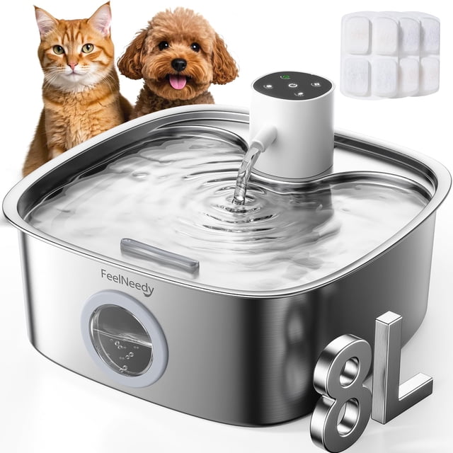Fuente de agua para perros FEELNEEDY 8 L de acero inoxidable sin cable