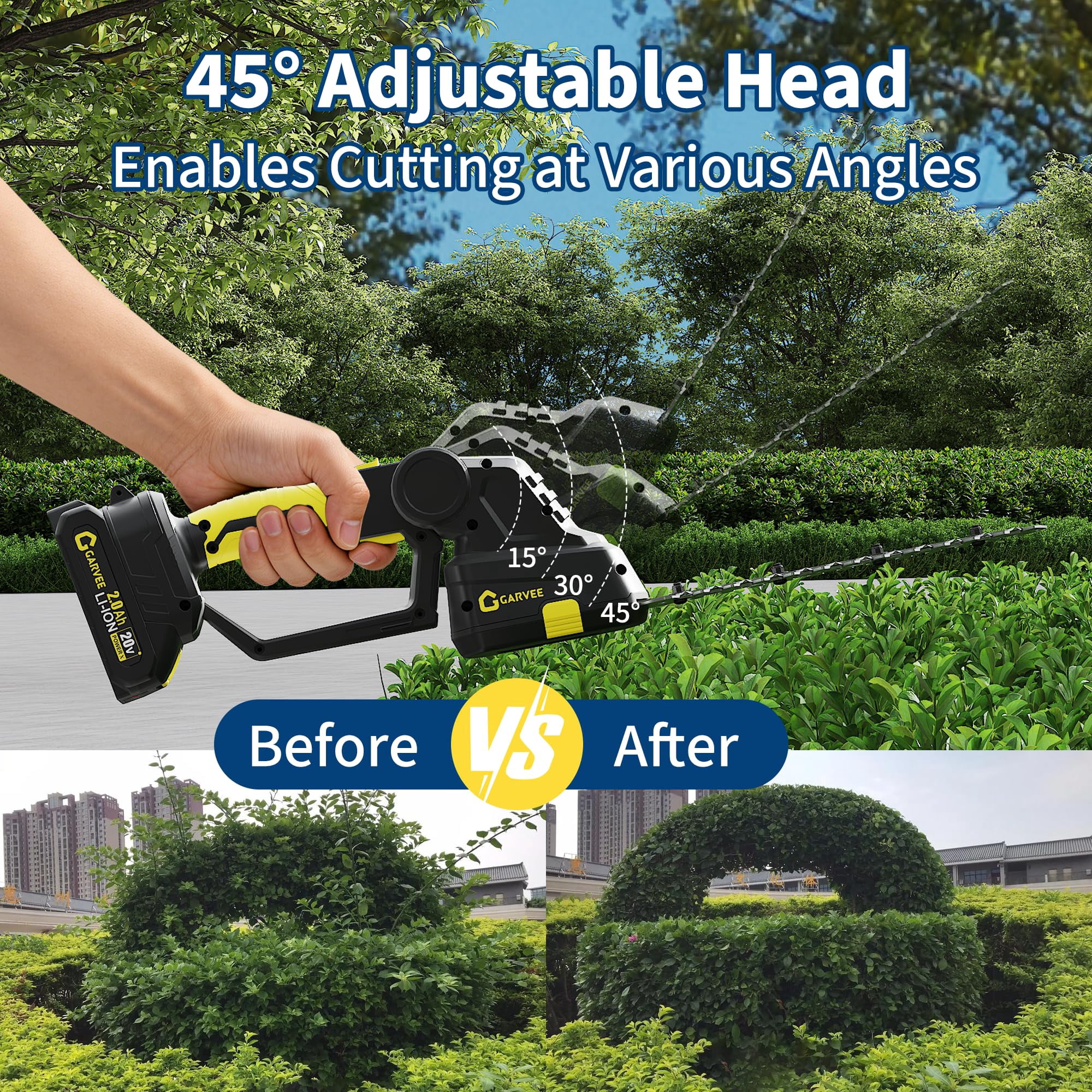 2-in-1 Cordless Grass Trimmer & Shrubbery Cutter, 20V Portable Electric Hedge Tool with 2 x 2.0Ah Batteries and Type-C Charging Base for Garden – Black + Yellow 108u