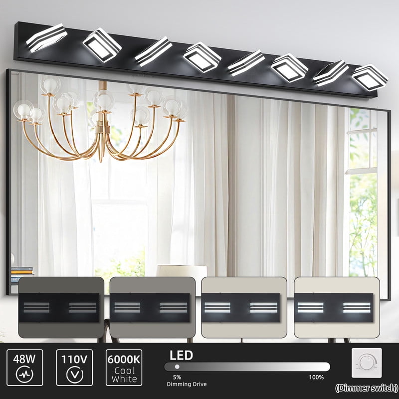52" Modern Black 8-Light LED Vanity Light with Acrylic Shades, Dimmable Energy-Efficient Bathroom Lighting Fixture for Mirror, Dressing Room, Powder Room, Hardwired Wall Mount