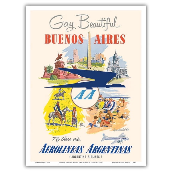 Buenos Aires - Fly there via Aerolineas Argentinas - Argentine Airlines - Vintage Travel Poster by Adolph Treidler c.1950s - Master Art Print (Unframed) 9in x 12in