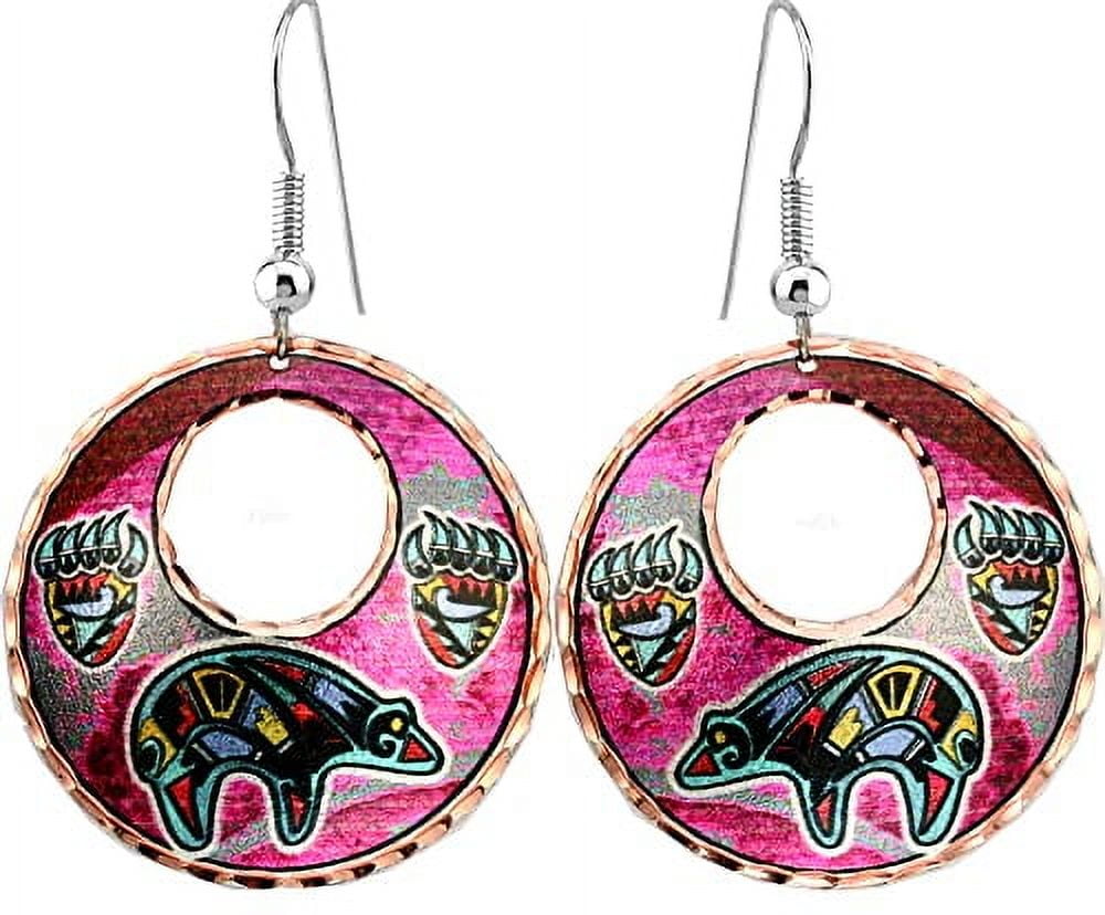 Copper Hoop Earrings featuring designs such as Wolves, Eagle, Bears, Cat, Dolphin, Horse, Inukshuk, Chief, Skull, Butterflies, Dragonflies, Kandinsky, Zuni, Sunburst, and Turtle (SunburstHoop)
