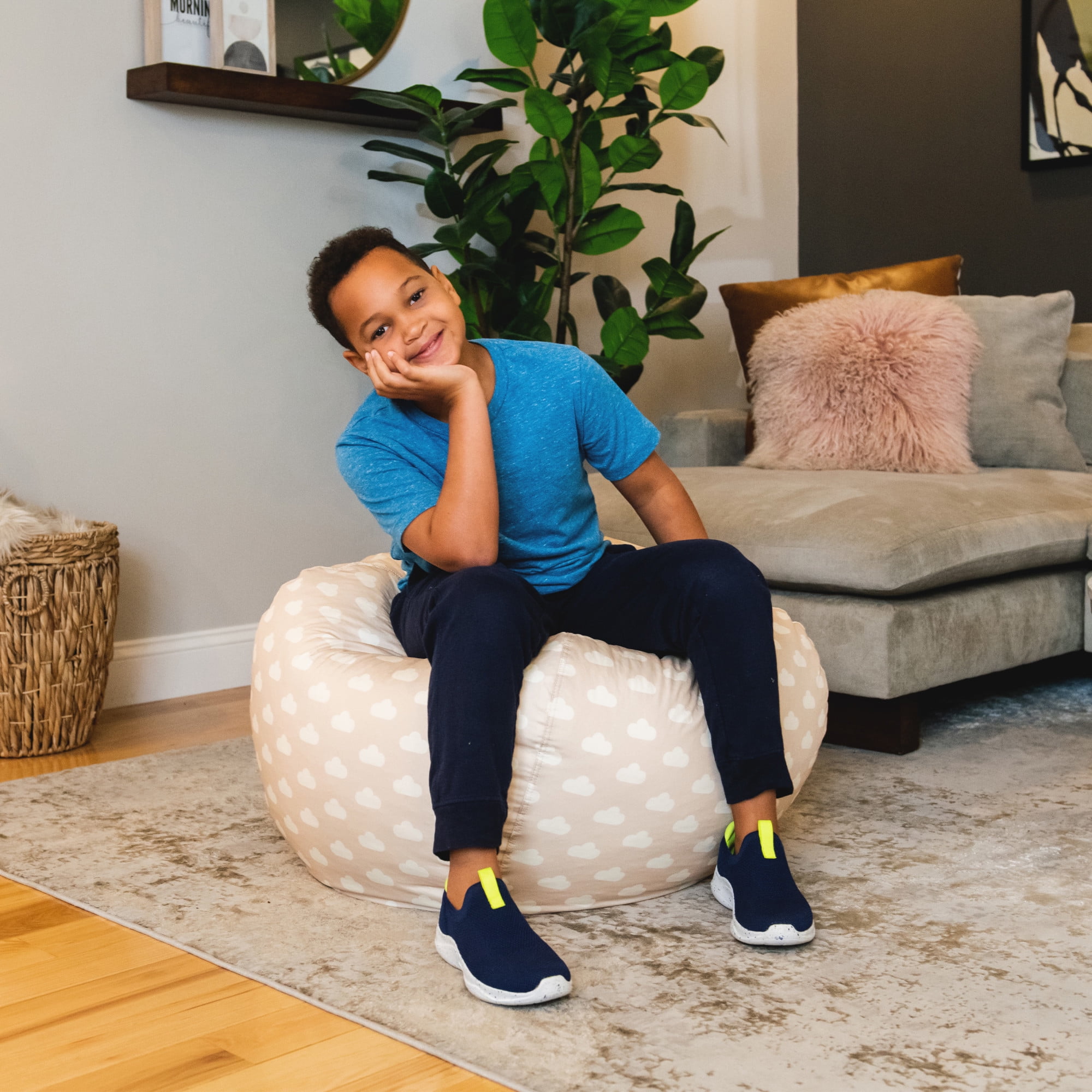 Big Joe Classic Kids Bean Bag Chair, 2 ft Round, Mini Clouds Oat, Easy-Clean SmartMax Fabric, Refillable with Built-in Handle