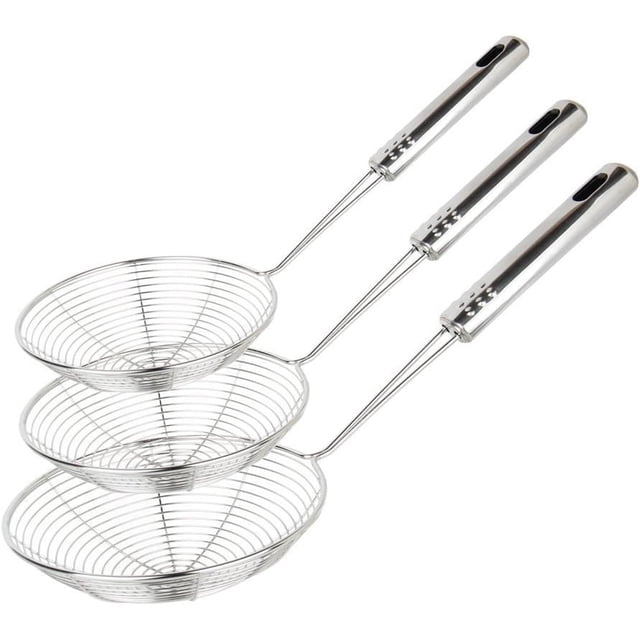 Juego de 3 coladores de araña, cucharón colador asiático, cuchara espumadora de alambre de acero inoxidable con mango para freír alimentos en la cocina, 30,5 cm, 32 cm, 35 cm
