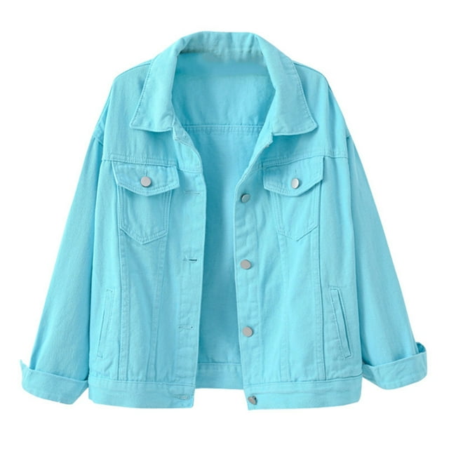 Women's Denim Jackets Fashion Casual Colorful Solid Large Pocket Button Coat Short Style for Modern Ladies