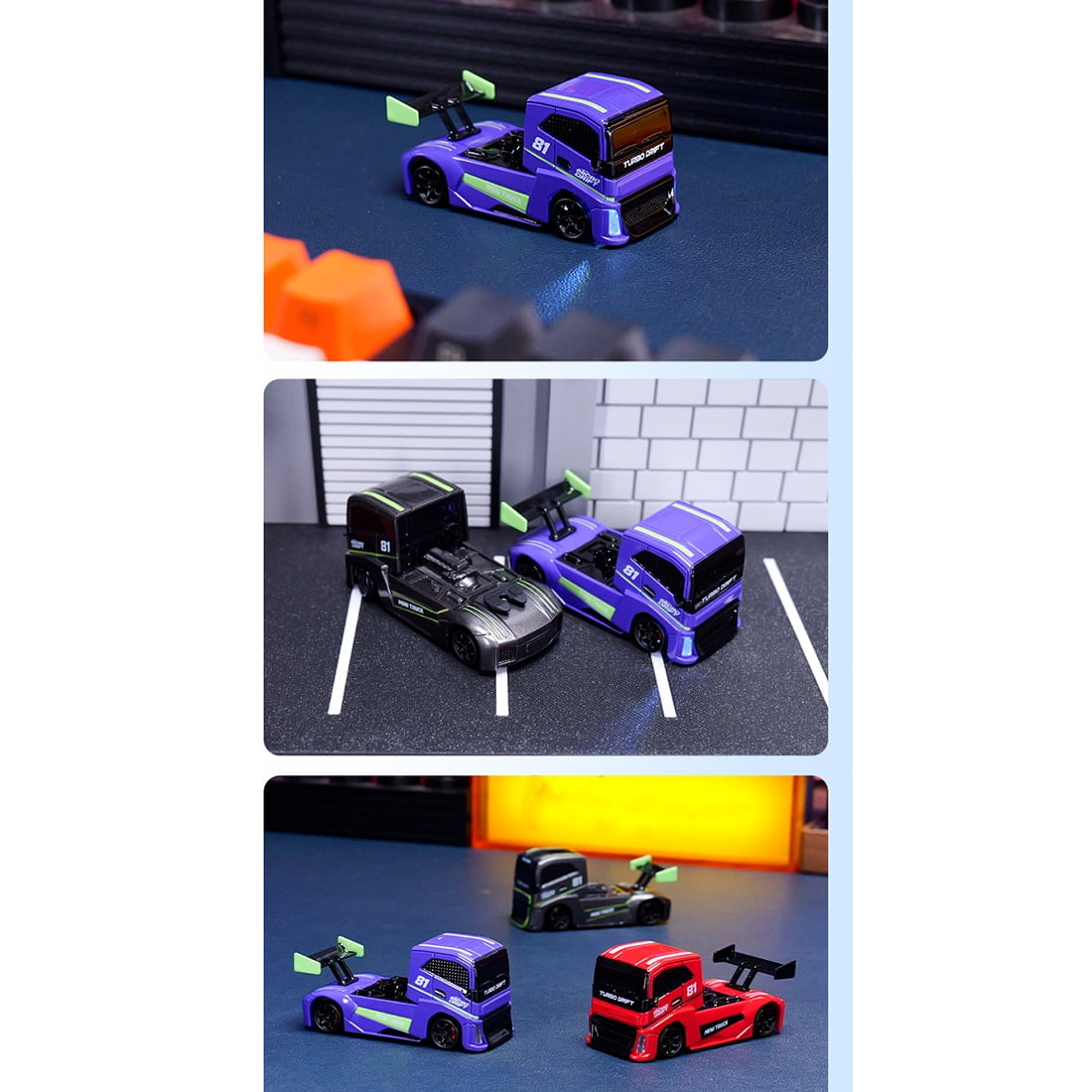 1/87 Scale 4WD Full Proportional RC Drift Car,  2.4G HighSpeed Mini Truck Model with Simulated Brake Calipers, Linked Lights (RTR/Purple)
