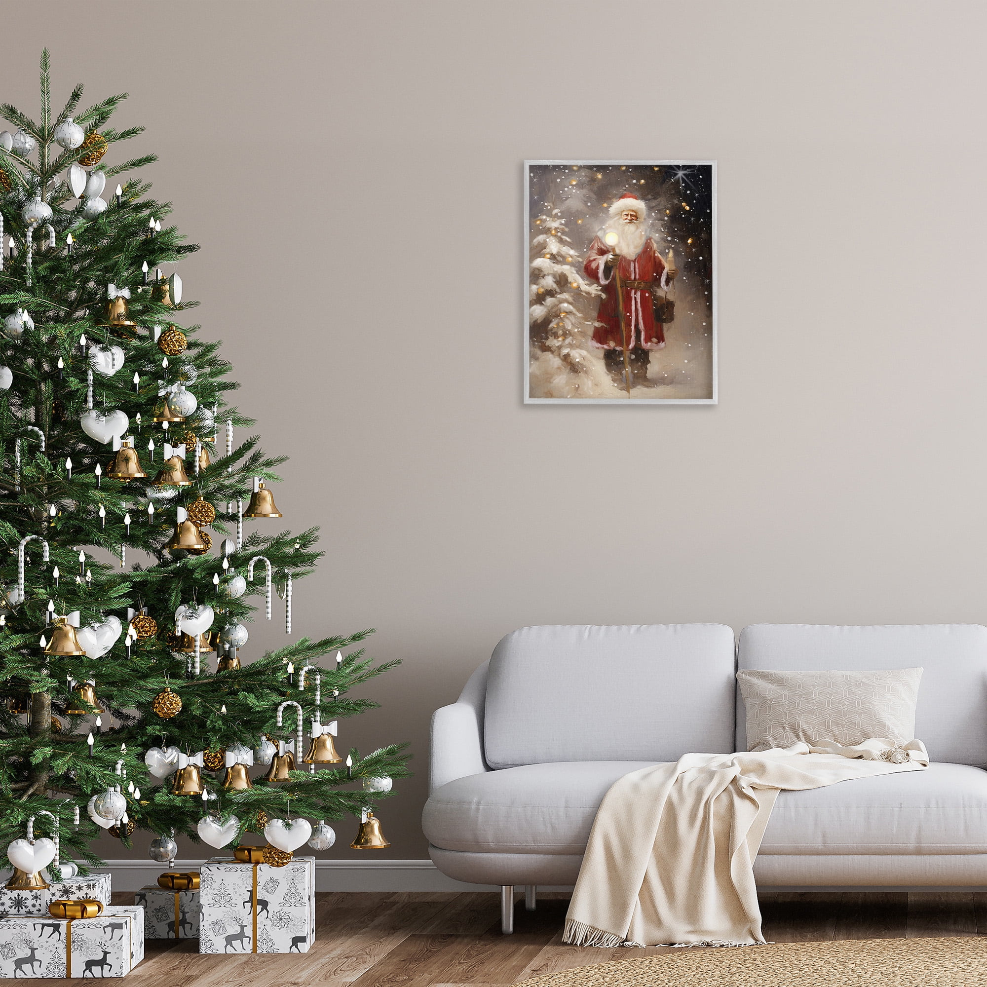 Stupell Industries Santa in Snowy Night Scene Holiday Painting Gray Framed Art Print Wall Art, 24 x 30