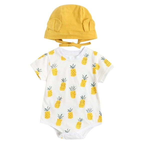 PINQI Baby Outdoor Jumpsuit Girls Short Sleeve Cartoon Fruits Prints Romper Bodysuits With Hat Outfits for 0 to 3 Years