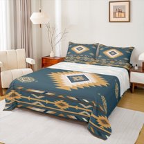 Manfei Boho Western Aztec Queen Sheet Sets for Adult, Teal Triangle Abstract Flat Sheet, Rustic Farmhouse Queen Fitted Sheet, Breathable Home Decor, 4pcs