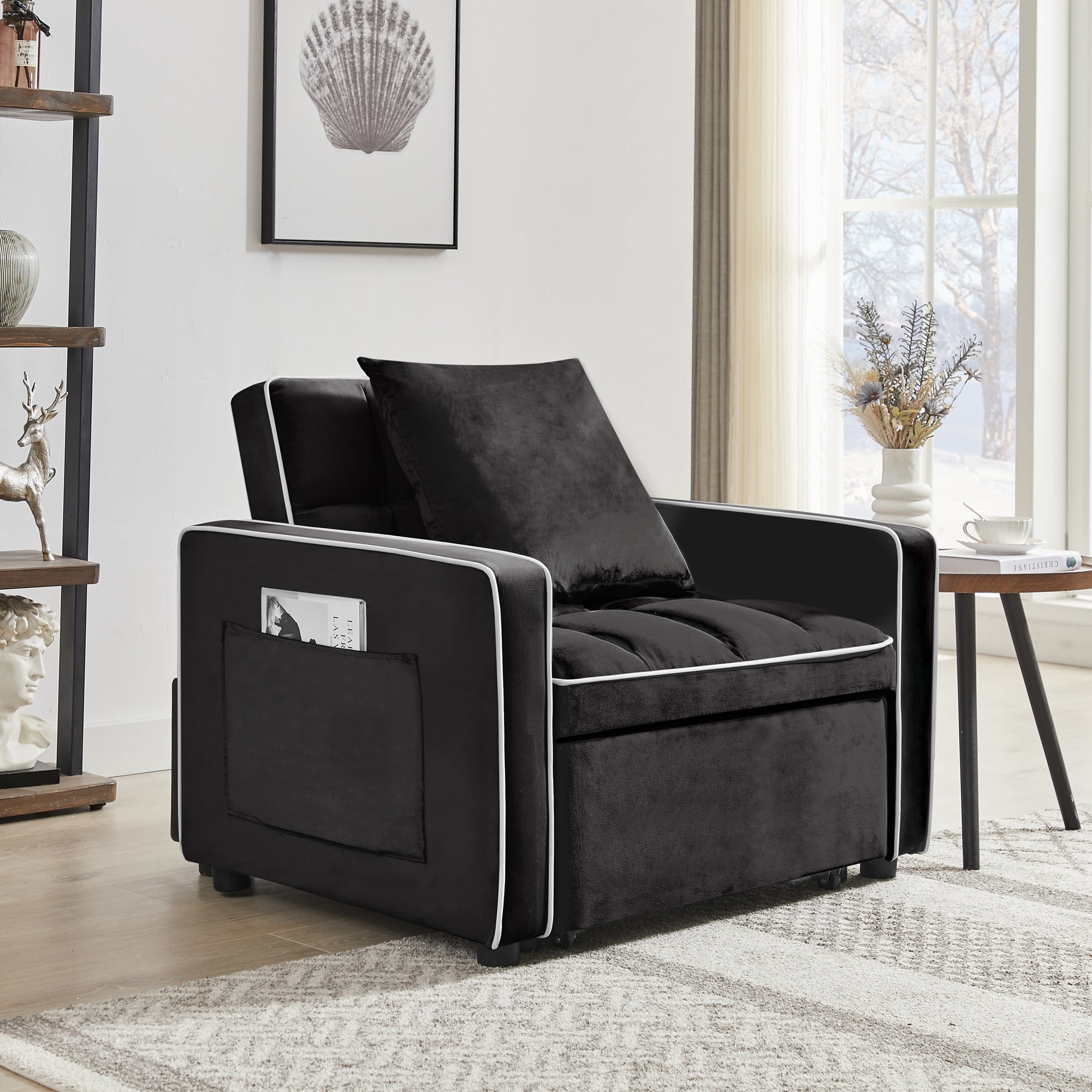 Lunale Sleeper Sofa Chair Bed, 3-in-1 Convertible Sofa Chair, Black ​Velvet