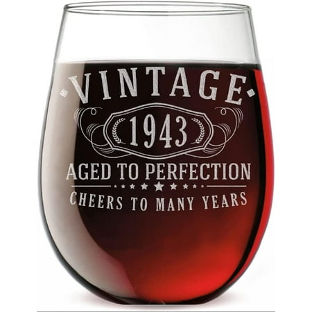 

Vintage 1943 Etched 17oz Stemless Wine Glass - Aged to Perfection - 80th Birthday Gifts for Her Women - 80 Years Old Decorations Anniversary