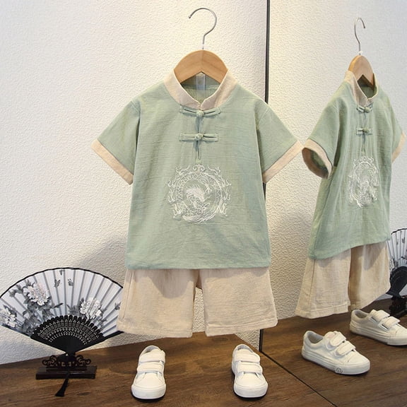 Toddler Boys Chinese Tang Style Clothing Set Kids Boys Short Sleeved T-shirt & Shorts Clothing Outfit Thickened New Year's Wear