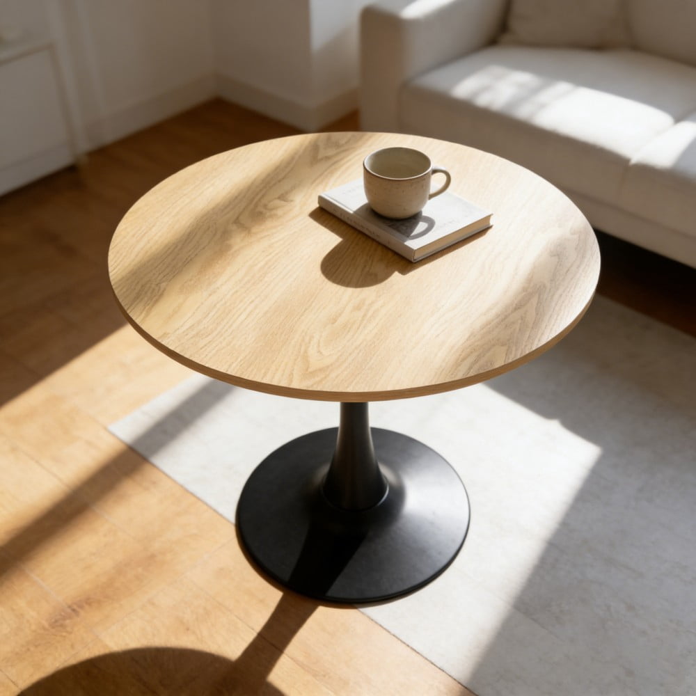 31.5" Round Dining Table, Modern Kitchen Table with MDF Top and Cylindrical Metal Base, Mid Century Coffee Table for Dining Room, Living Room, Apartment, Natural