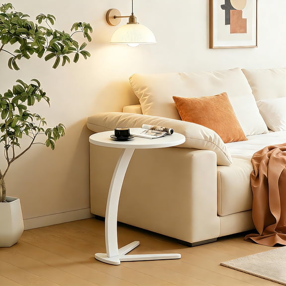 Modern C-Shape Slide-Under End Table - 15 Inch White Solid Wood