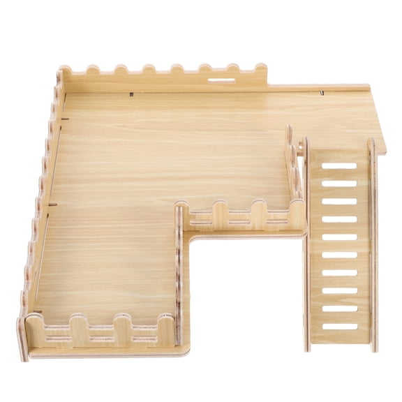 OULII Khaki Wooden Hamster Platform with Ladder and Fence for Cage Pet Exercise and Habitat Decor