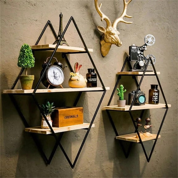 Rustic Diamond Floating Shelves - Wood & Metal Decorative Wall Mounted Shelves for Living Room, Bedroom, Kitchen, Hallway, Office